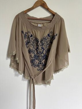 Charming Charlie Taupe Boho Top with Navy Embroidered Front